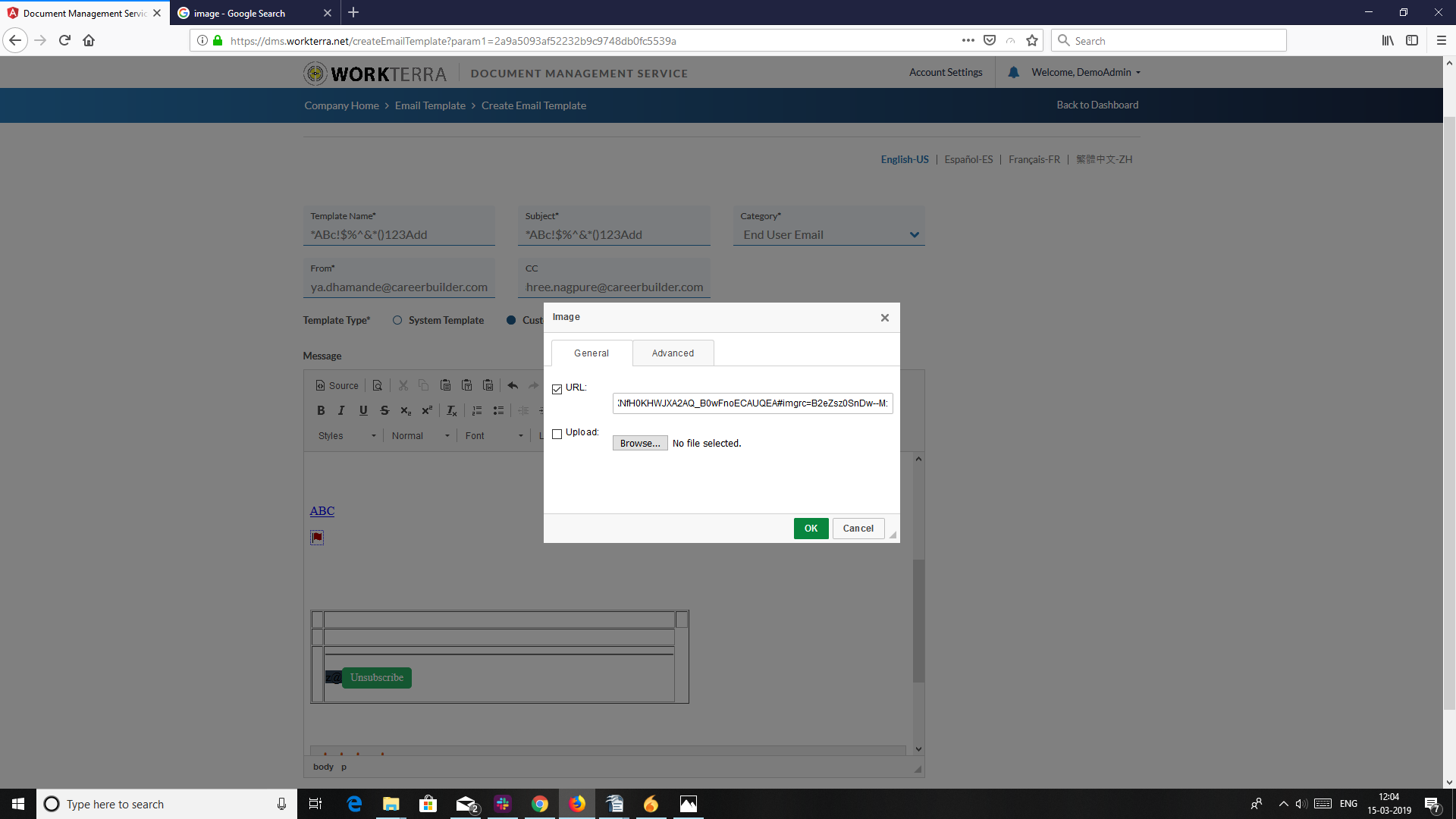 [DMS955] DMS Add Email Template Image Tag not working Workterra Jira